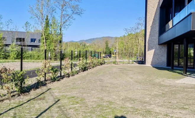 Semis gazon, plantation végétaux, et création massif autour d’un bâtiment industriel 