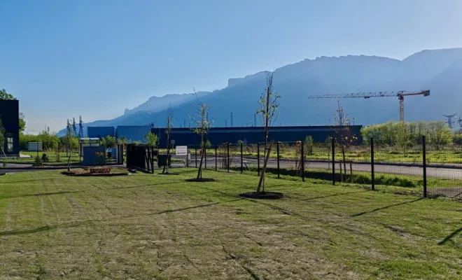 Semis gazon, plantation végétaux, et création massif autour d’un bâtiment industriel 